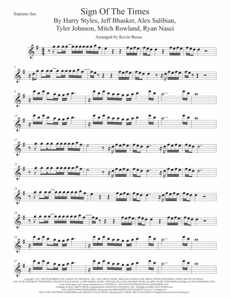 Free Sheet Music Sign Of The Times Soprano Sax Original Key
