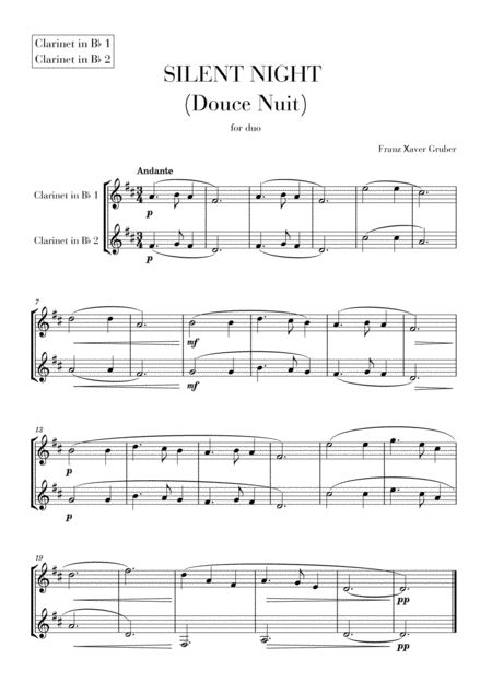 Silent Night Douce Nuit For Clarinet Duet Sheet Music