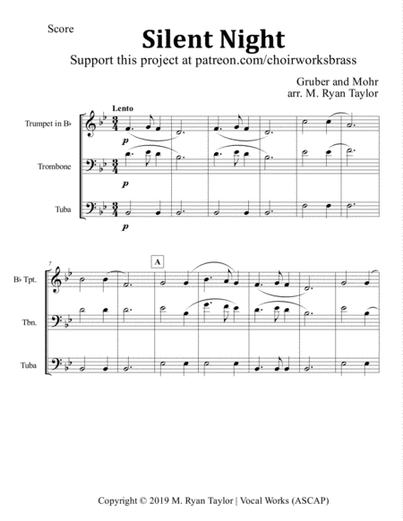 Silent Night For Brass Trio Trumpet Trombone Tuba Sheet Music