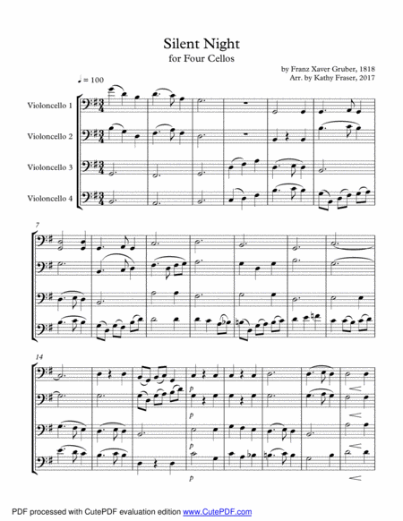 Silent Night For Cello Quartet Sheet Music