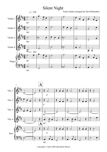 Free Sheet Music Silent Night For Violin Quartet