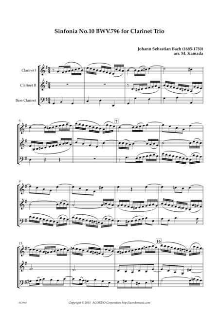 Sinfonia No 10 Bwv 796 For Clarinet Trio Sheet Music