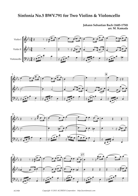Free Sheet Music Sinfonia No 5 Bwv 791 For Two Violins Violoncello