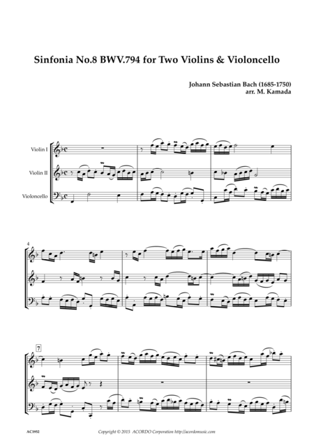 Sinfonia No 8 Bwv 794 For Two Violins Violoncello Sheet Music