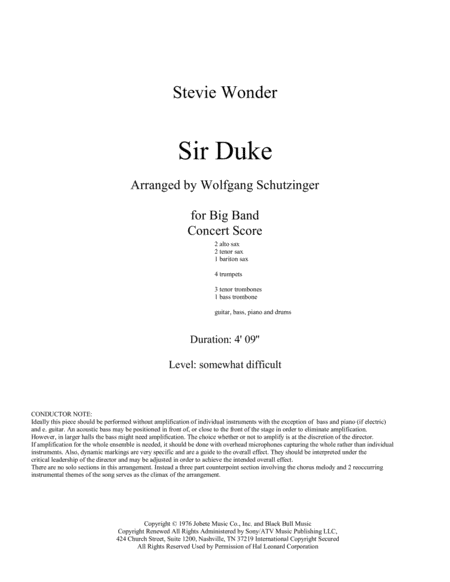 Free Sheet Music Sir Duke Big Band Concert Score