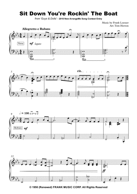 Sit Down You Re Rockin The Boat From Guys Dolls 2018 New Arrangeme Song Contest Entry Sheet Music