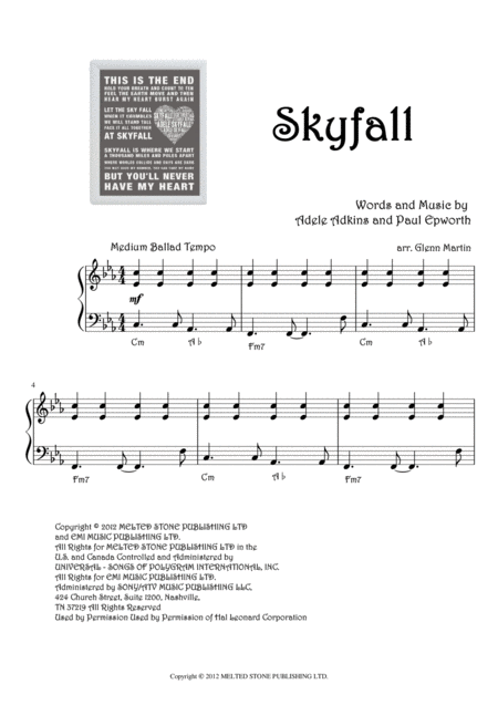 Skyfall Adele Piano Solo Or Duet Sheet Music