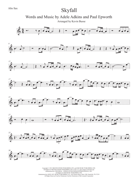 Skyfall Alto Sax Easy Key Of C Sheet Music