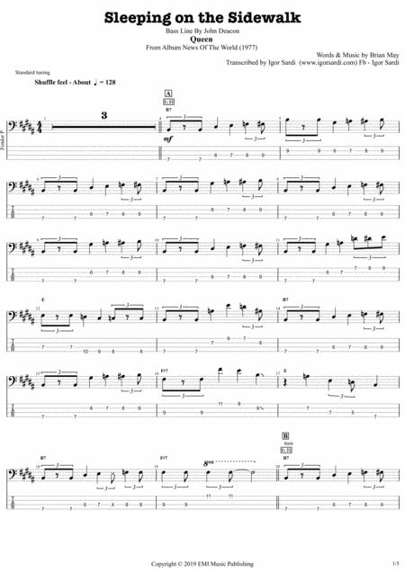 Sleeping On The Sidewalk Queen John Deacon Complete And Accurate Bass Transcription Whit Tab Sheet Music