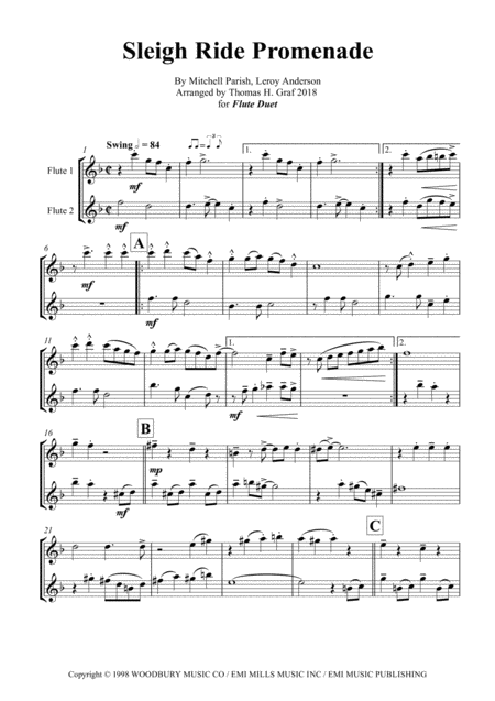 Sleigh Ride Easy Swing Flute Duet Sheet Music