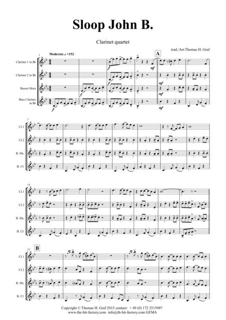 Sloop John B Caribian Folk Song Clarinet Quartet Sheet Music