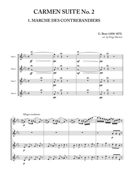 Smugglers March From Carmen Suite No 2 For Flute Quartet Sheet Music