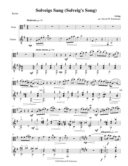 Solveigs Sang Solveigs Song For Viola And Guitar Sheet Music