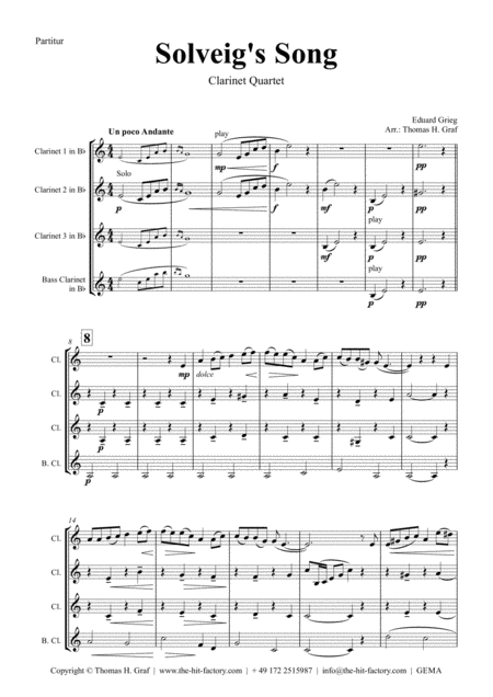 Free Sheet Music Solveigs Song From Peer Gynt Suite Clarinet Quartet