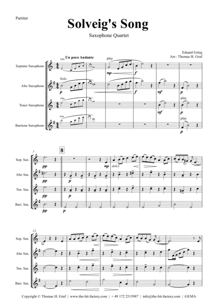 Solveigs Song From Peer Gynt Suite Saxophone Quartet Sheet Music