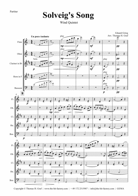 Solveigs Song From Peer Gynt Suite Wind Quintet Sheet Music