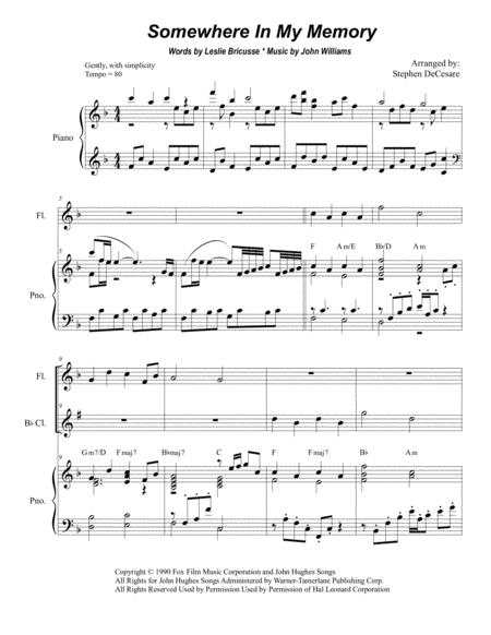 Free Sheet Music Somewhere In My Memory Duet For Flute And Bb Clarinet