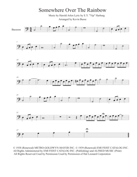 Free Sheet Music Somewhere Over The Rainbow Easy Key Of C Bassoon