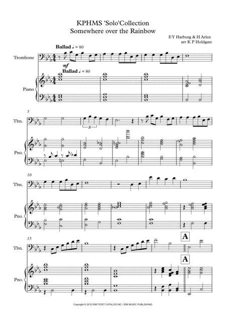 Free Sheet Music Somewhere Over The Rainbow Solo For Trombone Piano In Eb Major Bass Clef Version