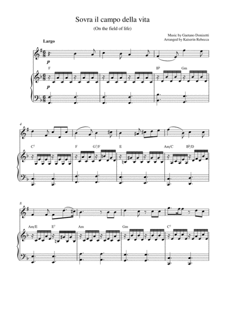 Free Sheet Music Sovra Il Campo Della Vita On The Field Of Life Soprano Saxophone Solo And Piano Accompaniment