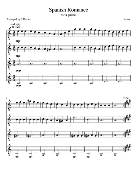 Free Sheet Music Spanish Romance For Beginner Guitar Ensemble