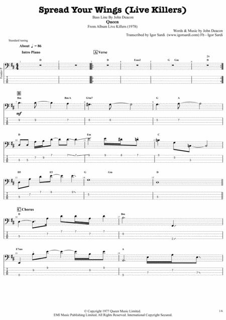 Spread Your Wings Live Killers Queen John Deacon Complete And Accurate Bass Transcription Whit Tab Sheet Music