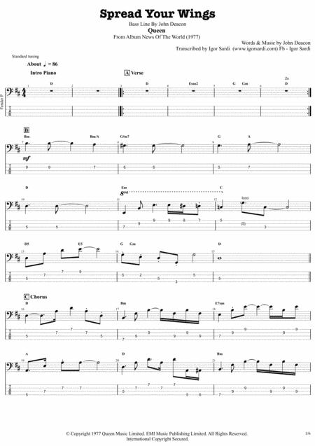 Free Sheet Music Spread Your Wings Queen John Deacon Complete And Accurate Bass Transcription Whit Tab