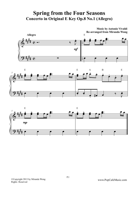 Spring From Four Seasons By Vivaldi Original E Key For Piano Solo Sheet Music