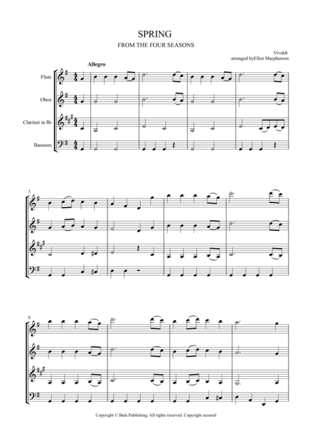 Free Sheet Music Spring From The Four Seasons Easy Wind Quartet Music Score