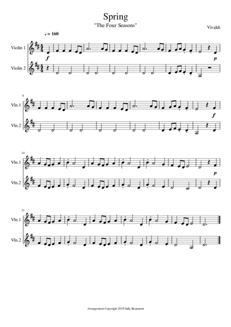 Spring The Four Seasons Easy Violin Duet Sheet Music