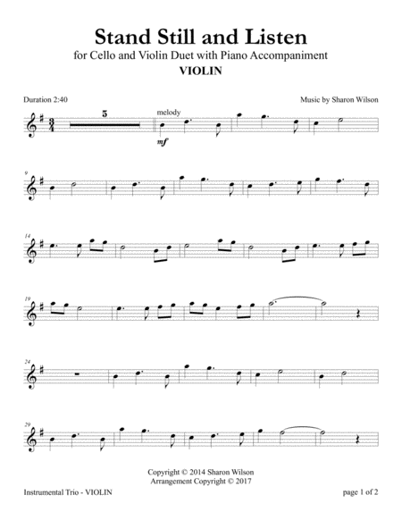 Free Sheet Music Stand Still And Listen For Cello And Violin Duet With Piano Accompaniment