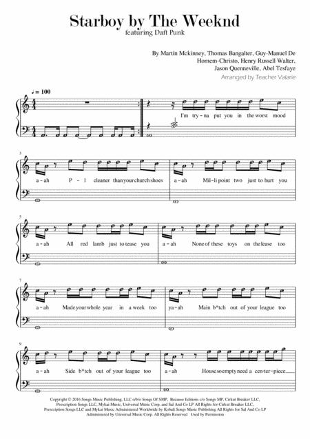 Starboy The Weeknd Ft Daft Punk Piano Solo Grade 2 With Note Names And Optional Accomp Sheet Music