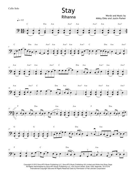 Stay By Rihanna For Solo Cello Sheet Music