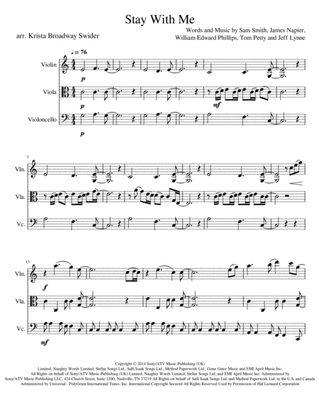 Free Sheet Music Stay With Me For String Trio