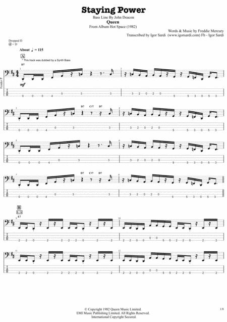 Staying Power Queen John Deacon Complete And Accurate Bass Transcription Whit Tab Sheet Music