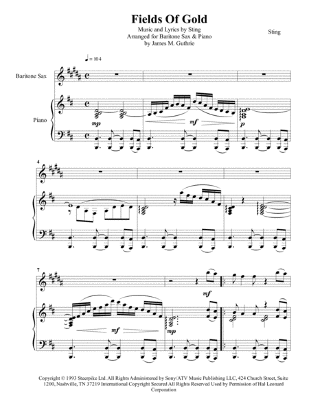 Sting Fields Of Gold For Baritone Sax Piano Sheet Music