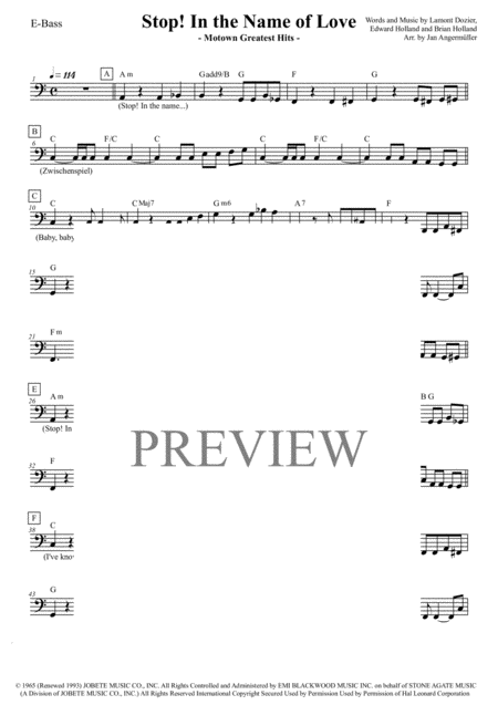 Stop In The Name Of Love E Bass Transcription Of The Original Supremes Motown Recording Sheet Music