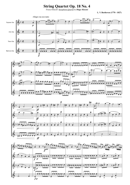 Free Sheet Music String Quartet Op 18 No 4 For Saxophone Quartet Satb