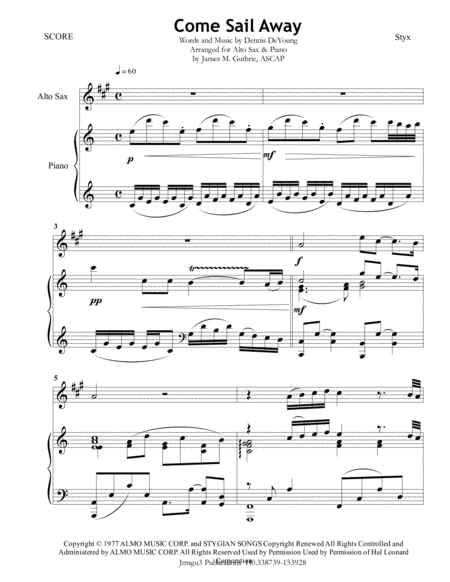 Free Sheet Music Styx Come Sail Away For Alto Sax Piano