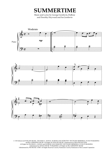 Summertime For Easy Piano Sheet Music