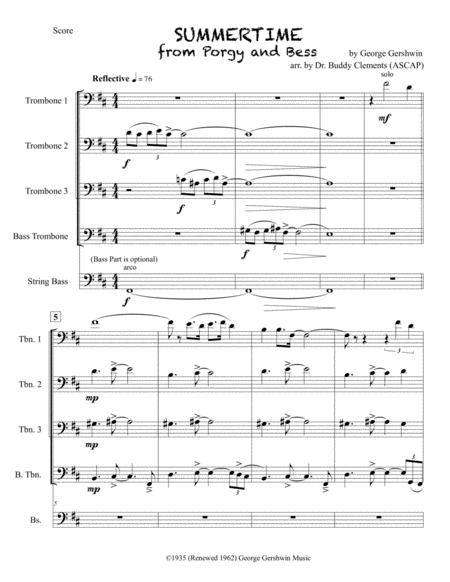 Summertime For Trombone Quartet B Min C Min Sheet Music