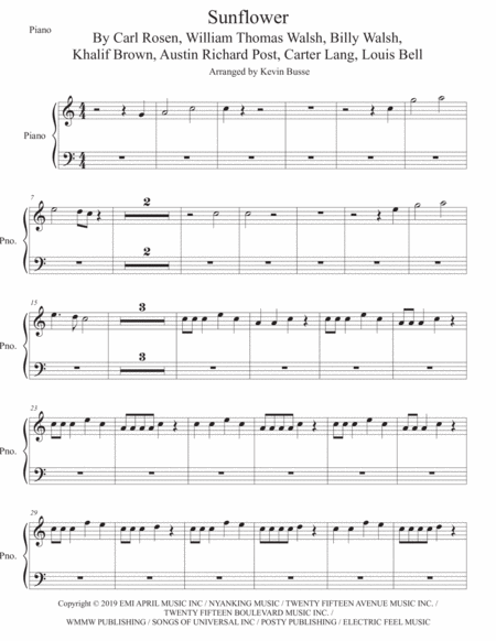 Sunflower Spider Man Into The Spider Verse Piano Easy Key Of C Sheet Music