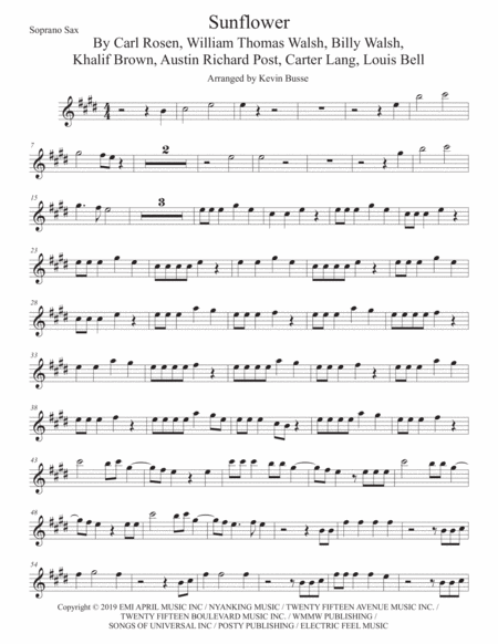 Sunflower Spider Man Into The Spider Verse Soprano Sax Original Key Sheet Music