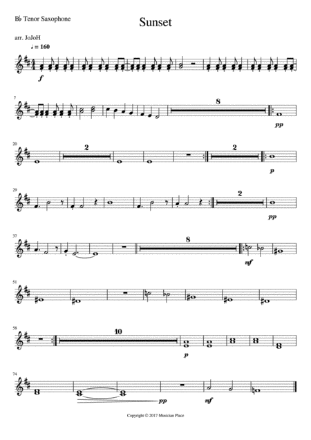 Free Sheet Music Sunset Bb Tenor Saxophone