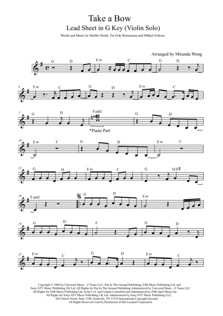 Take A Bow Violin In G Key With Chords Sheet Music