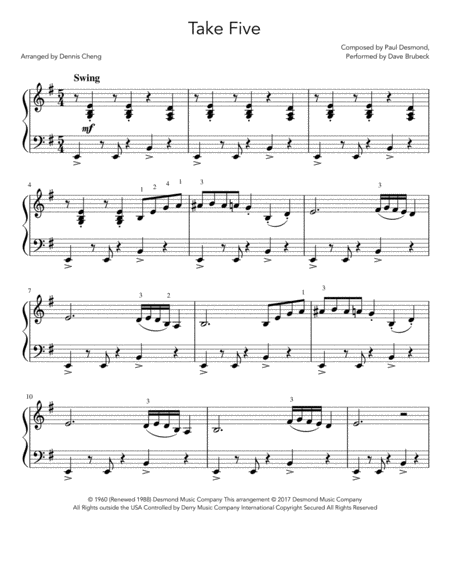 Free Sheet Music Take Five By Dave Brubeck Easy Jazz Piano Sheet Music