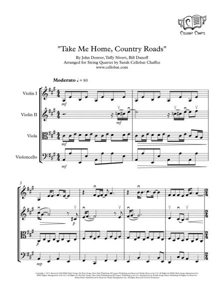 Take Me Home Country Roads String Quartet John Denver Arr Cellobat Sheet Music