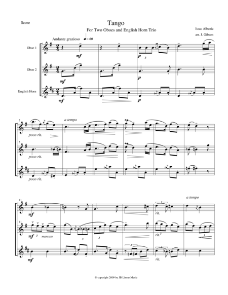 Tango For 2 Oboes And English Horn By Albeniz Sheet Music