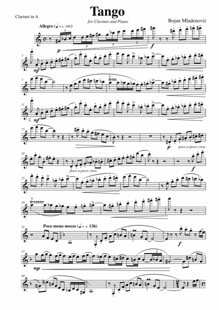 Tango For Clarinet And Piano Clarinet In A Part Sheet Music