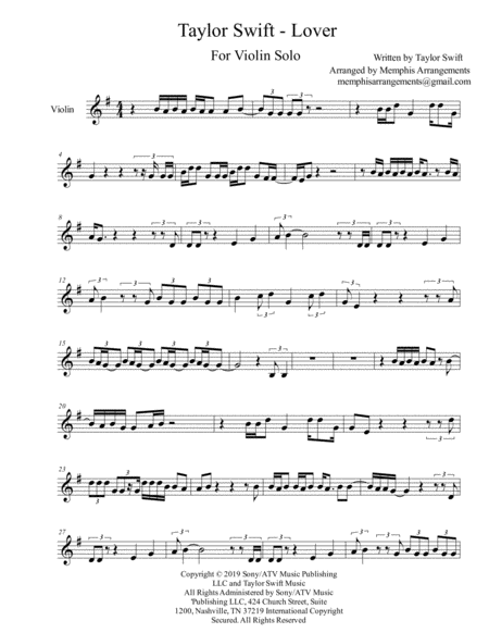 Taylor Swift Lover Violin Solo Sheet Music